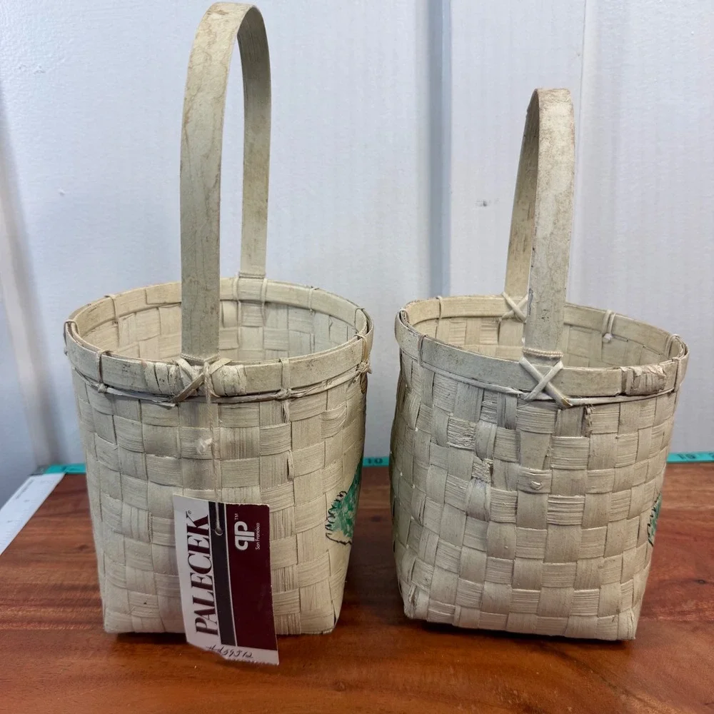 Palecek San Francisco Woven Duck Baskets Hand Painted Floral Pair Cream Set of 2